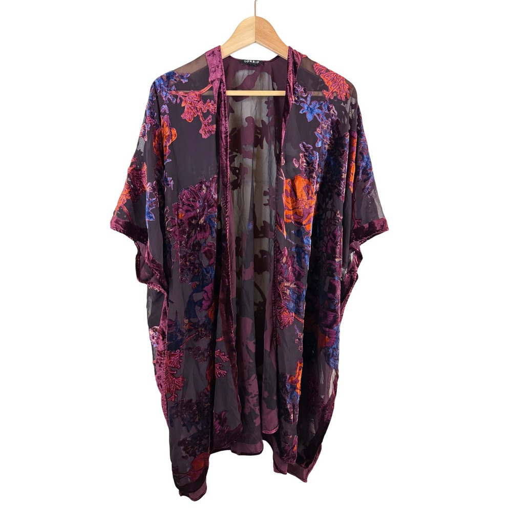 Torrid Floral Velvet Burnout Kimono Cardigan Women 1 1X Sheer Open Front